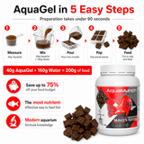AquaGel fish food preparation guide with 5-step instructions and product container.