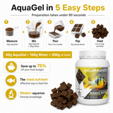 AquaMunch AquaGel fish food preparation guide and product container with nutrient-rich gel cubes.