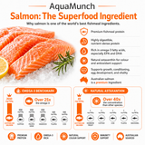 AquaMunch salmon fishmeal infographic highlighting omega-3 and natural astaxanthin benefits.