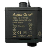 Aqua One aquarium water pump model HF-B0400 with technical specs and power rating label.