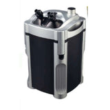 Black and silver external canister aquarium filter with hose connectors on top