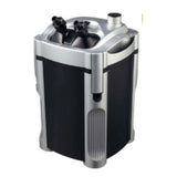 External canister aquarium filter with black and silver design, hose connectors on top