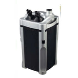 External canister aquarium filter with two intake valves and a modern black and silver design