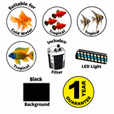Aqua One Radiance 3 aquarium accessories including filter, LED light, and fish compatibility guide.