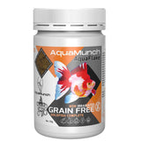 AquaMunch AquaFlake grain free goldfish food, non irradiated, 125g jar with vibrant goldfish image