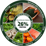 26% protein spirulina formula with moringa, spinach, kelp, garlic, chlorella, pumpkin, Australian salmon — made in Australia, no fillers or grains