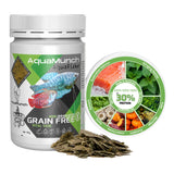 AquaMunch AquaFlake grain-free fish food with 30% protein, Australian salmon, spinach, kelp, and moringa for aquarium fish.