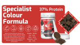 Aquarium fish food with 37% protein, colour-enhancing formula for vibrant fish, featuring spirulina, salmon, garlic, krill, pumpkin