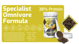 Specialist omnivore fish food with 38% protein, ideal for aquarium fish and reptiles, featuring garlic, squid, salmon, spirulina, insect, and worms.