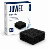 Juwel bioCarb active charcoal sponge for aquarium filtration, black mesh sponge shown with packaging