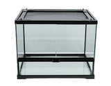 Glass reptile terrarium with black frame and mesh top, 30x30x30cm, front sliding doors