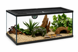 Glass reptile enclosure with gecko, plants, logs, and thermometer