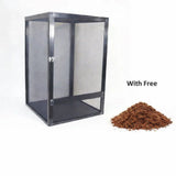 Black reptile enclosure mesh cage with free substrate pile, ideal for reptiles or amphibians.