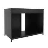 Black eco-tech terrarium stand with open bottom shelf and wood grain finish