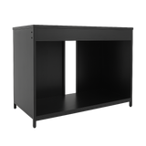 Black eco-tech terrarium stand with open bottom shelf and wood grain finish