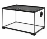 Clear glass reptile enclosure with black mesh lid and ventilation port, ideal for Australian reptiles and aquarium fish setups.
