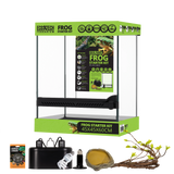 Frog starter kit 45x45x60cm with glass terrarium, lighting, water dish, branch, and care items.