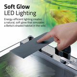 Hand pressing power button on soft glow LED lighting for Fluval Betta aquarium kit