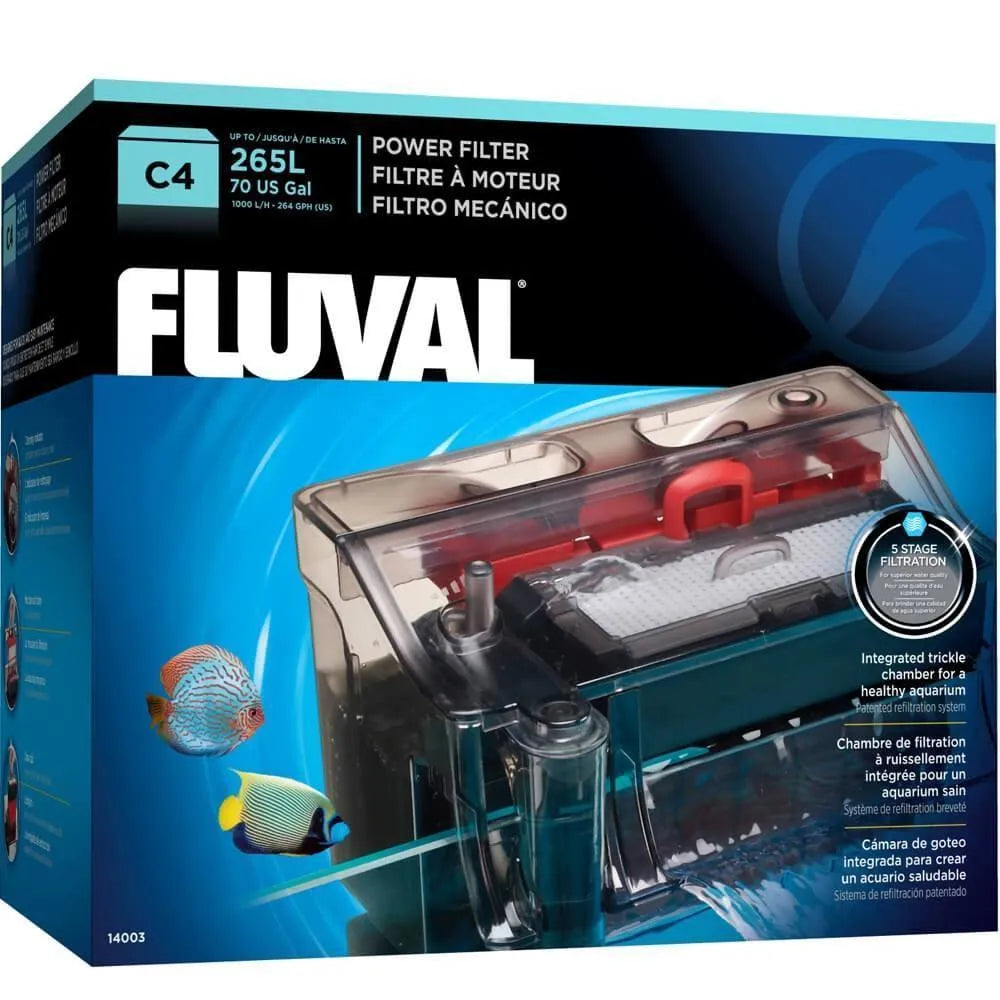 Fluval C4 aquarium hang-on power filter box with five-stage filtration and tropical fish graphics