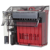 Hang-on aquarium power filter with transparent body and red internal components