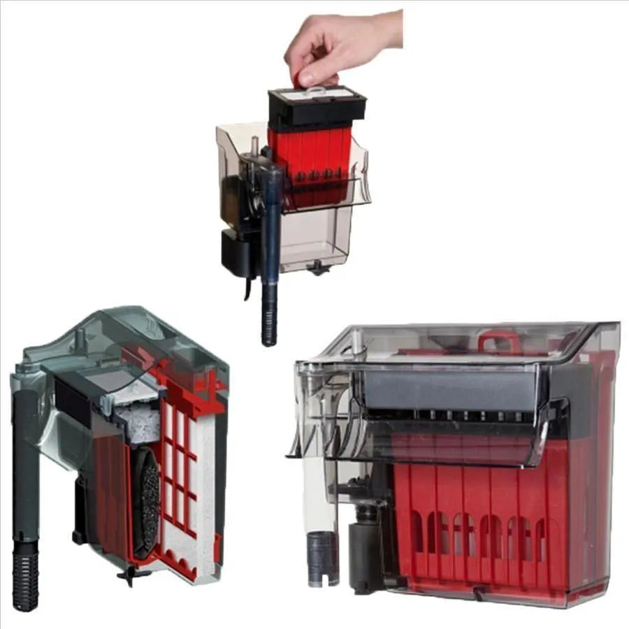 Aquarium hang-on power filter with five-stage filtration, transparent housing, and red filter media