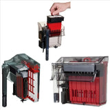 Aquarium hang-on power filter with five-stage filtration, transparent housing, and red filter media