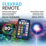 Fluval Flexpad remote control for aquarium lighting, showing color options and special effects.