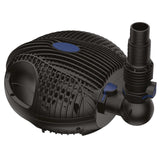 Black submersible pond pump with a filtered intake and outlet nozzle