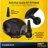 Fluval Pond Clear-Flo filter featuring Max-Flo Click-Fit fittings and ball connector.