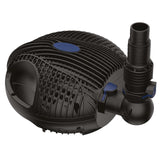 Black submersible pond pump with a ribbed protective grill and outlet attachment.