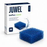 Juwel bioPlus coarse filter foam shown in front of its retail box. The product is a blue, open-cell foam sponge, and the packaging is white and navy blue.