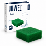 A green rectangular sponge filter cartridge shown in front of its white and navy JUWEL Nitrax packaging box, on a clean white background.