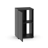 Black aquarium or reptile enclosure cabinet with open door and two shelves