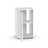 White aquarium cabinet stand with open door and interior shelves, suitable for fish tanks