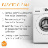 Instructions for washing pet bed cushion next to a front-loading washing machine.