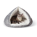 Cozy cat bed with grey paisley print and soft white interior, perfect for feline comfort and warmth.
