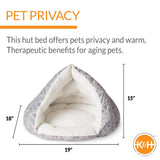 Cozy pet hut bed with privacy, soft white interior, gray patterned exterior, 19x18x15 inches for aging pets