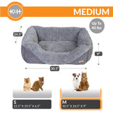Medium gray pet bed size chart, fits cats and small dogs up to 40 lbs, with measurements.