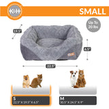 Small grey pet bed size chart with measurements, suitable for cats and small dogs.