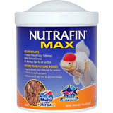 Nutrafin Max goldfish flake food container with goldfish and product details on label