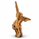 Natural driftwood aquarium decoration with rugged texture and unique shape on white background