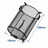 Black metal mesh fish trap cylinder, 220mm x 150mm, for aquariums or ponds.