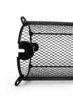 Black metal mesh aquarium filter guard with mounting tabs, close-up on white background