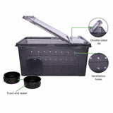 Black reptile enclosure with double sided lid, ventilation holes, and food and water bowls.