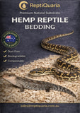 Hemp reptile bedding packaging featuring a snake and lizard on natural substrate