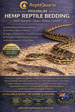 Hemp reptile bedding packaging featuring a snake and lizard on natural substrate, highlighting odour control, absorption, and low dust benefits.