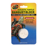 Aquatic turtle banquet block in retail packaging with turtle image, food and calcium supplement.