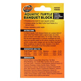 Aquatic turtle banquet block packaging, food and calcium supplement for turtles, yellow-orange label with instructions and ingredients.