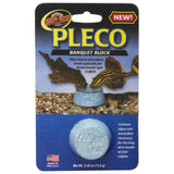 Pleco banquet block aquarium fish food with catfish illustration, time-release feeding block for freshwater fish tanks.