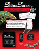 SlitherSense remote temperature and humidity monitor system for reptile enclosures with sensor, gateway, smartphone, chameleon, and lizard images.